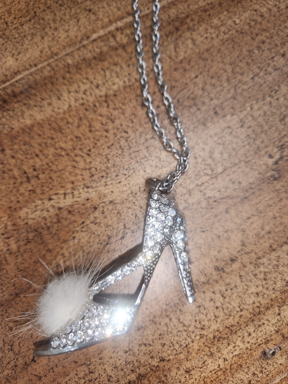 Crystal High Heel Pendant Necklace with White Fur Accent